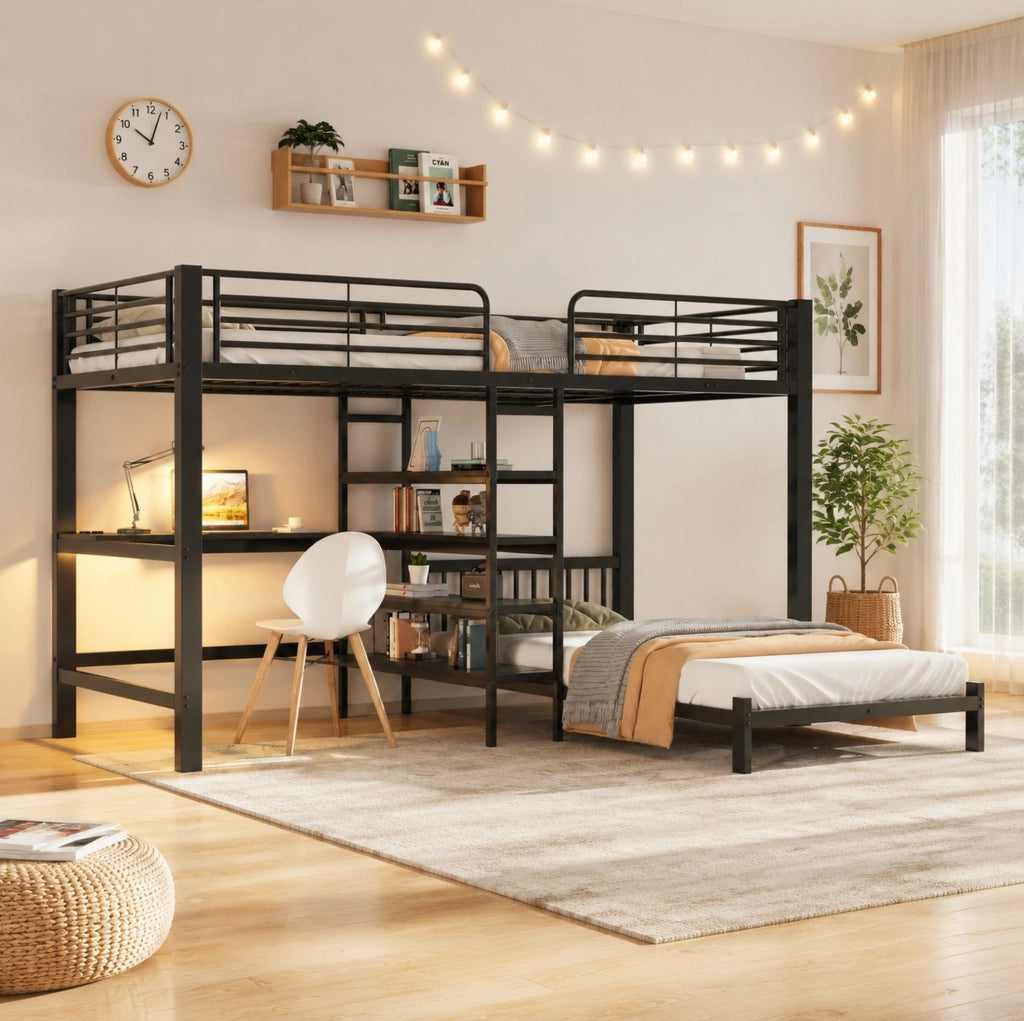 Letto a Castello Matrimoniale 90x200 cm con Scrivania e Porte USB Nero in Ferro e MDF