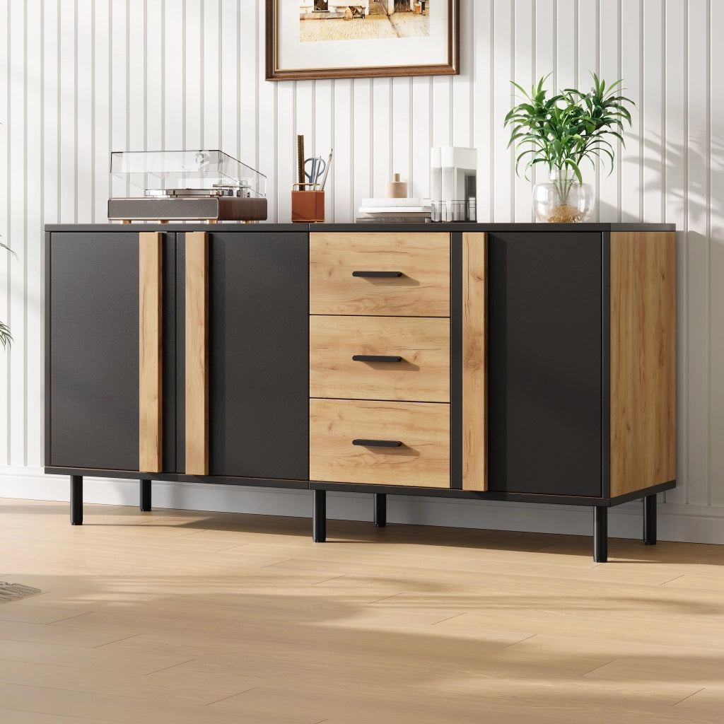 Credenza 140 × 35 × 70 cm con 3 ante e 3 cassetti in MDF nero e effetto legno con 6 gambe in metallo moderne