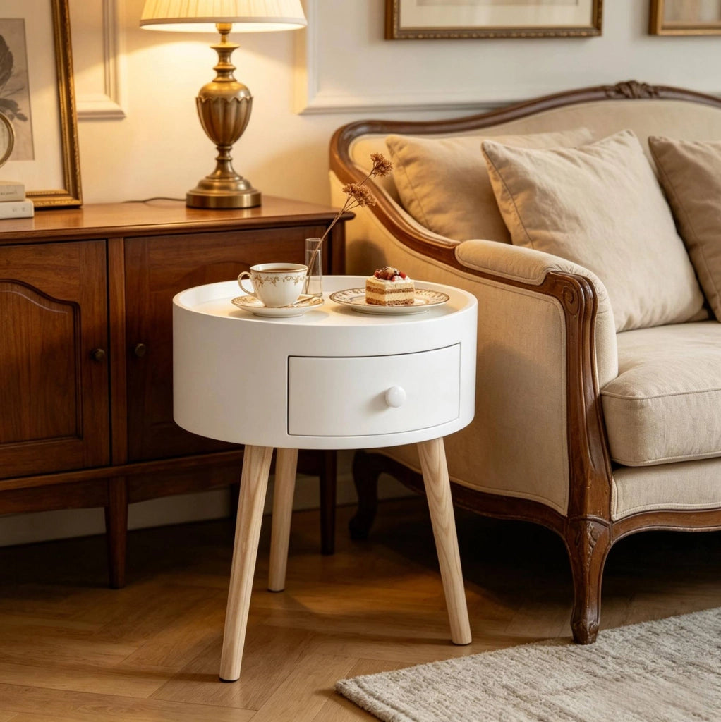 Comodino rotondo con cassetto in legno chiaro e bianco