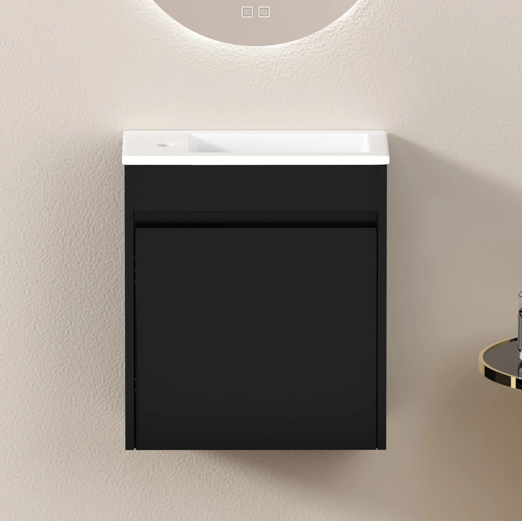 Mobile bagno nero da 46 cm con ampia capacità di stoccaggio e anta con chiusura ammortizzata