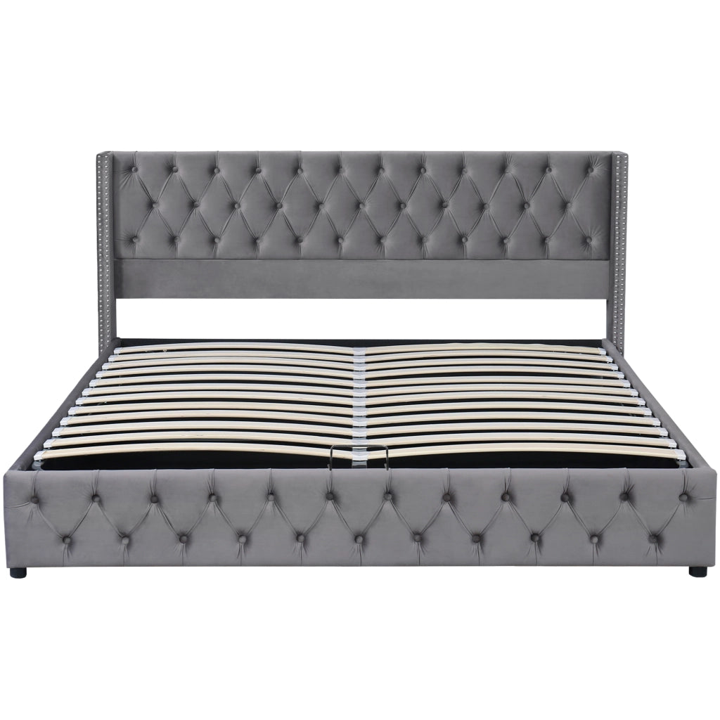 Letto matrimoniale contenitore 160x200 cm con sollevamento idraulico; velluto grigio e testiera a orecchioni