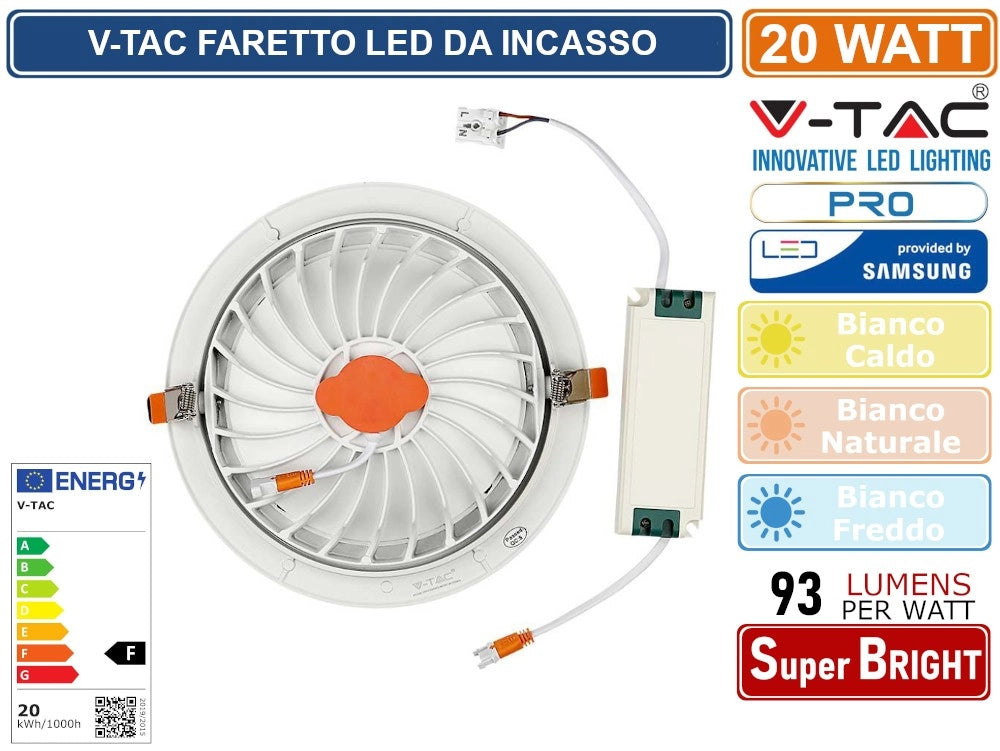 V-TAC PRO VT-2-20 FARETTO LED DA INCASSO ROTONDO 20W COB CHIP SAMSUNG - Colore Luce:Bianco Naturale