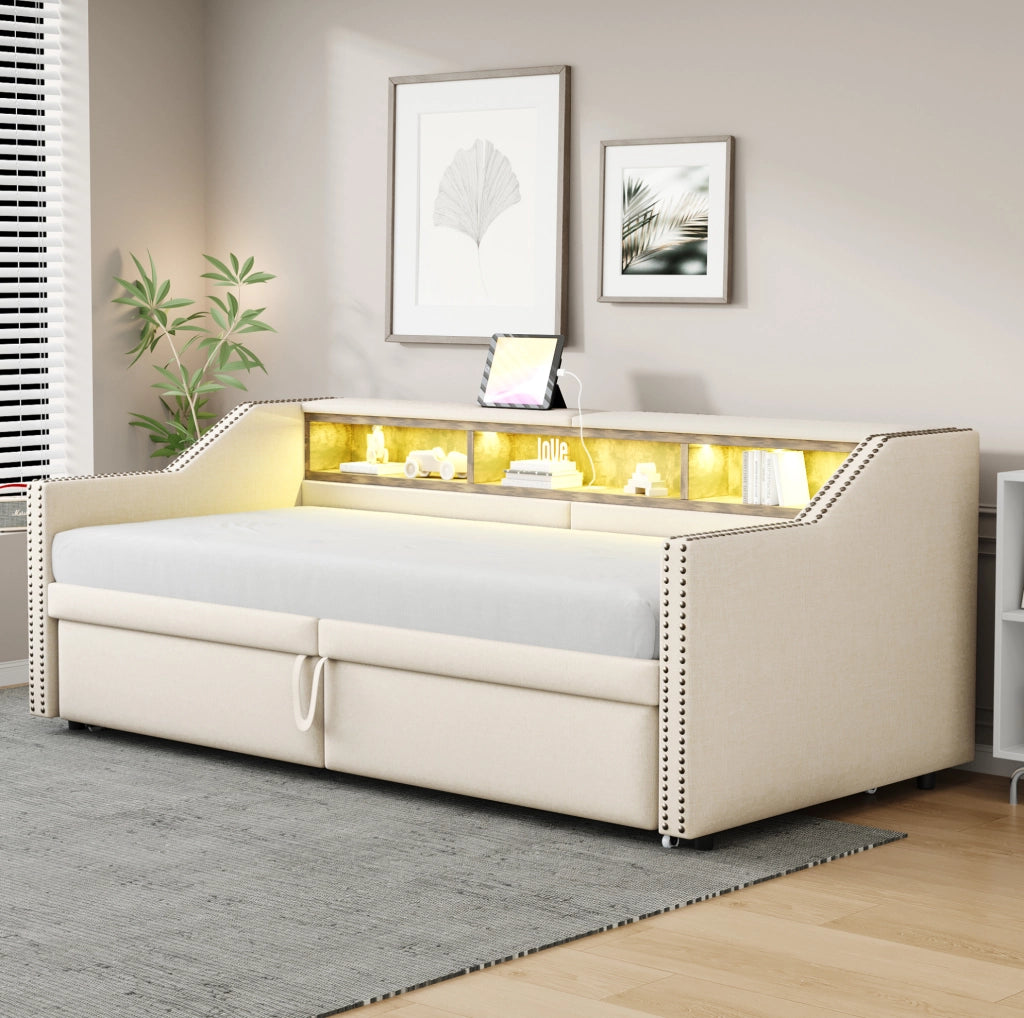Divano Letto Estraibile 90/180 x 200 cm in Tessuto Beige con Luce LED, Porta USB e Rete a Doghe