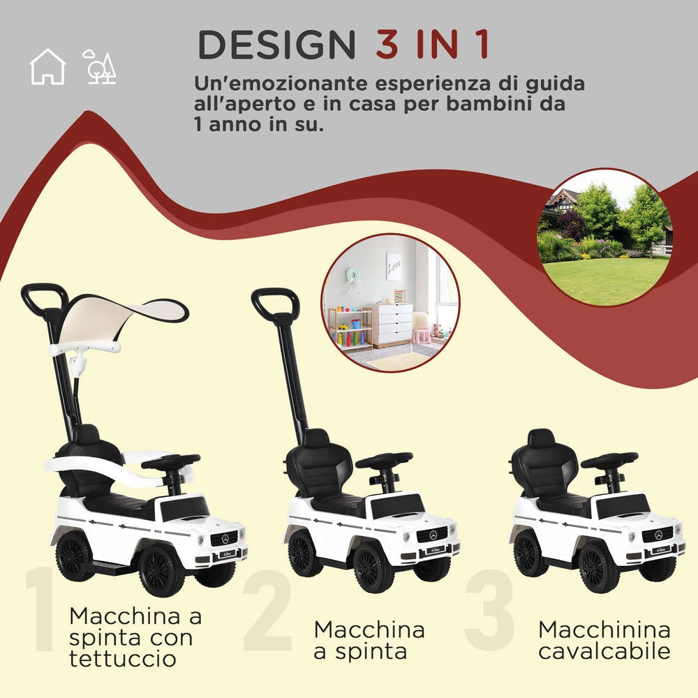 Macchina a Spinta Cavalcabile Mercedes per Bambini 12-36 Mesi con Parasole e Maniglia Pratica Bianco 85.5x40.5x95 cm