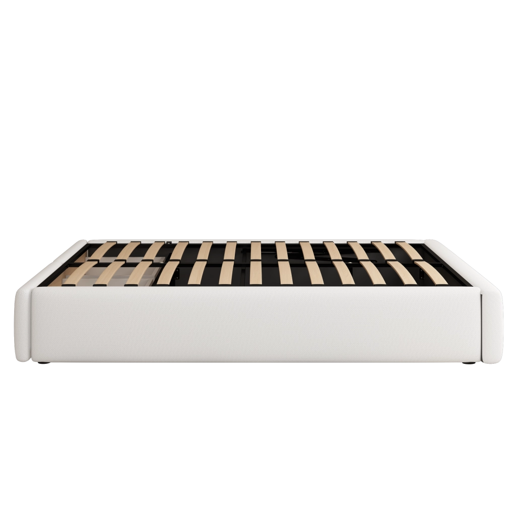 Letto imbottito 140x200 cm senza testiera con contenitore idraulico, 2 cassetti, bianco