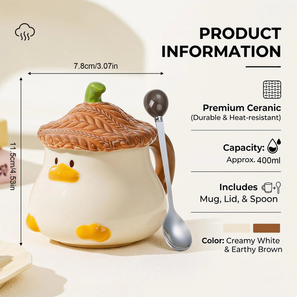 Tazza da caffè in Vetroceramica a forma di anatra 3D, 400 ml, con coperchio e cucchiaino, color marrone