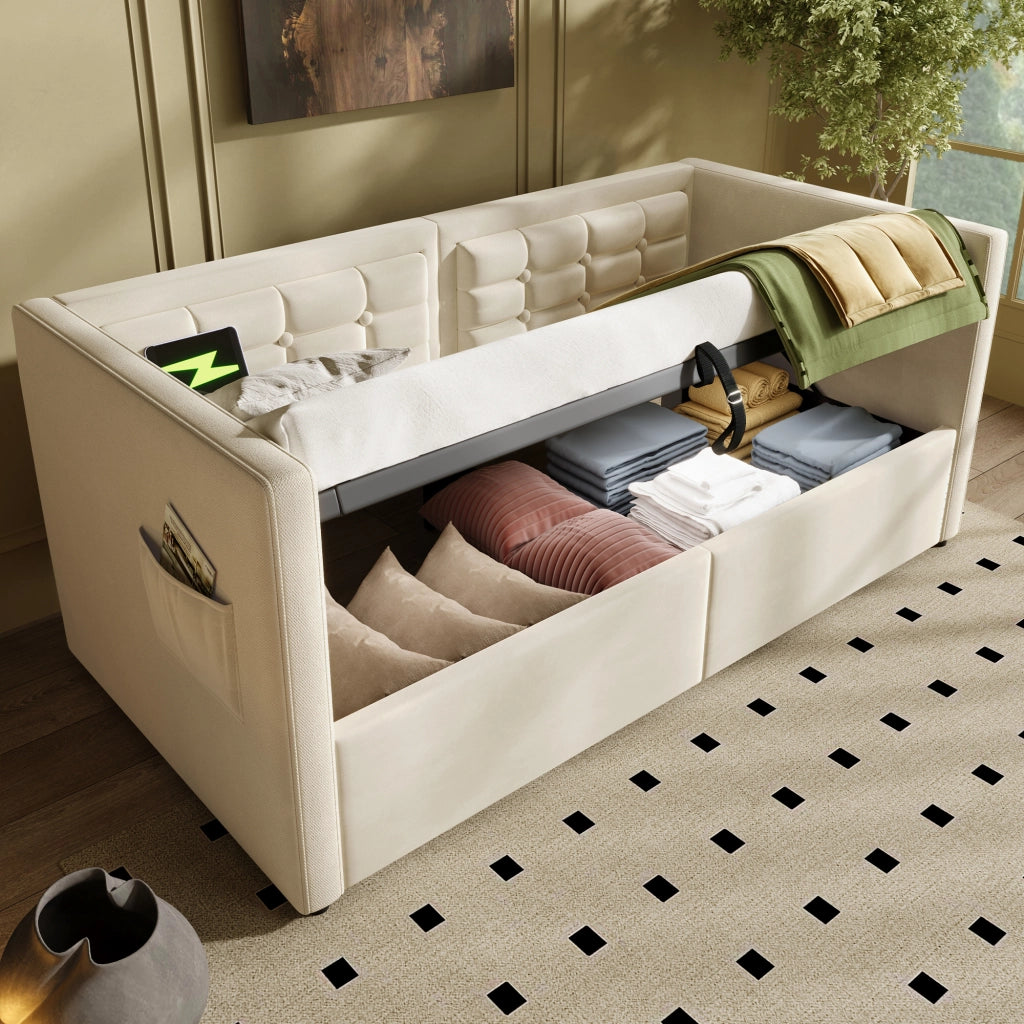 Letto imbottito 90 × 200 cm con contenitore idraulico e ricarica USB Type-C; rivestito in velluto beige