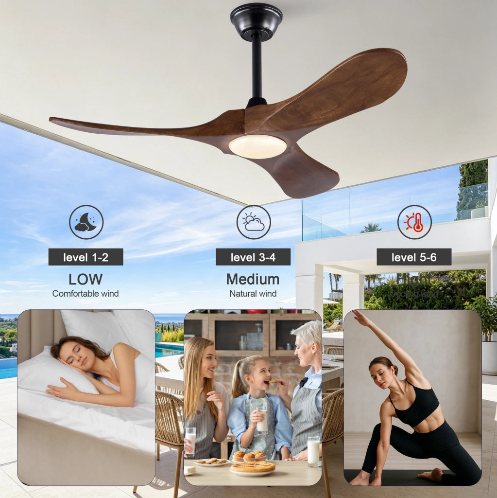 Ventilatore da soffitto con luce a LED, pale in legno massello, nero e noce