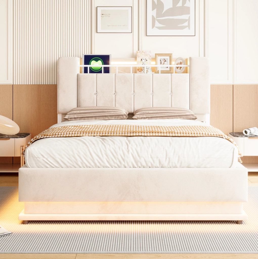 Letto imbottito beige 140 x 200 cm con LED, USB e contenitore idraulico