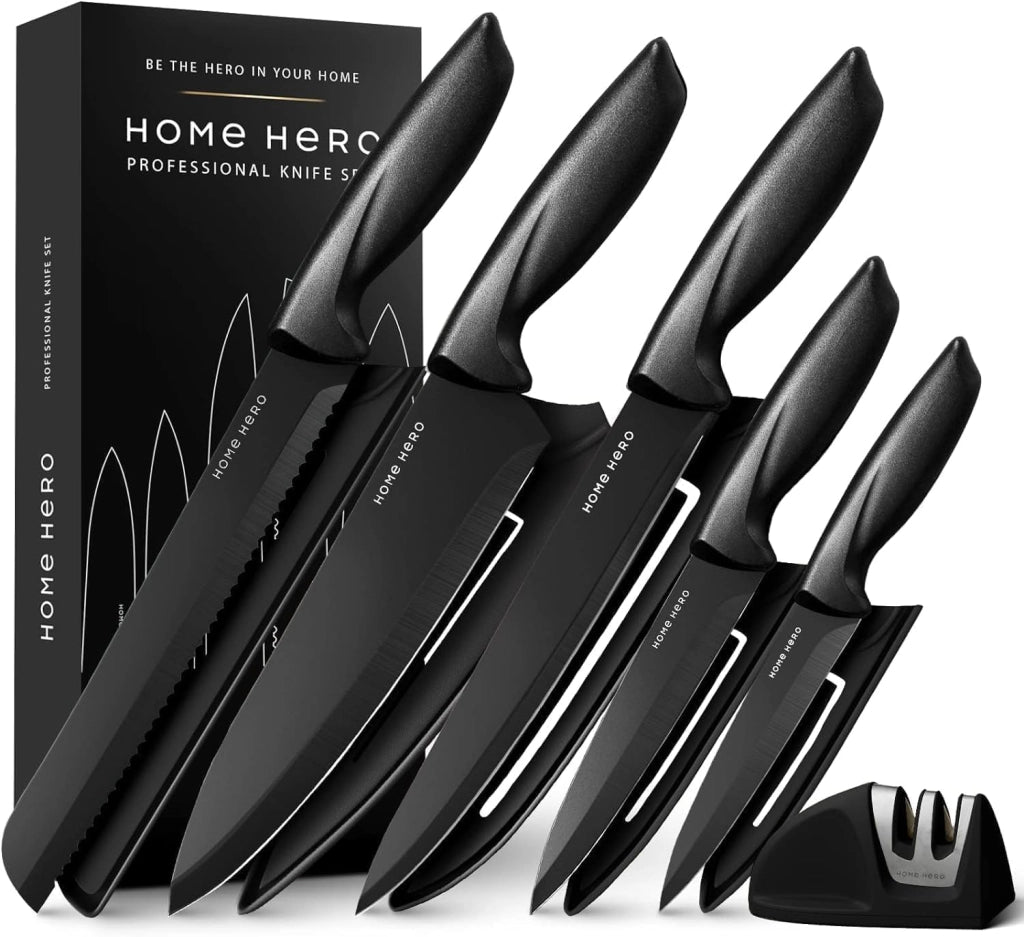 Set di coltelli da cucina, 11 pezzi, neri, con fodere e affilacoltelli