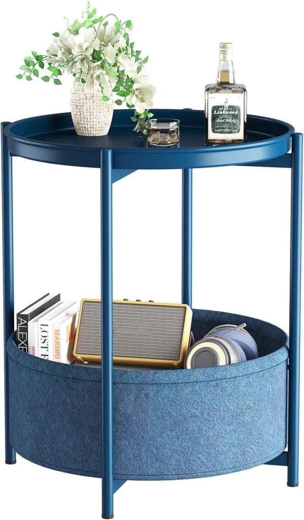 Tavolino rotondo con cesto in tessuto, colore blu, dimensioni 44,3 x 44,3 x 52 cm