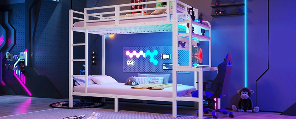Letto a castello 90x200 cm in metallo con scrivania, mensole, luce LED, USB, con protezioni di sicurezza e scala, bianco