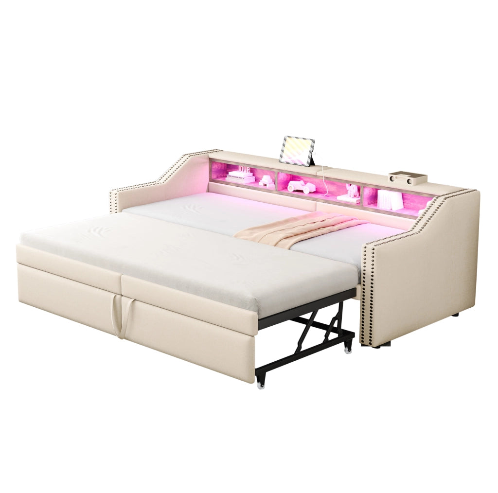Divano Letto Estraibile 90/180 x 200 cm in Tessuto Beige con Luce LED, Porta USB e Rete a Doghe