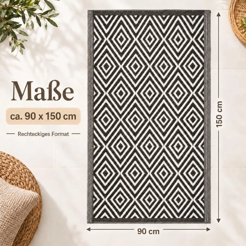 Tappeto da esterno, 90x150 cm, motivo a carlo, resistente alle intemperie, colore nero