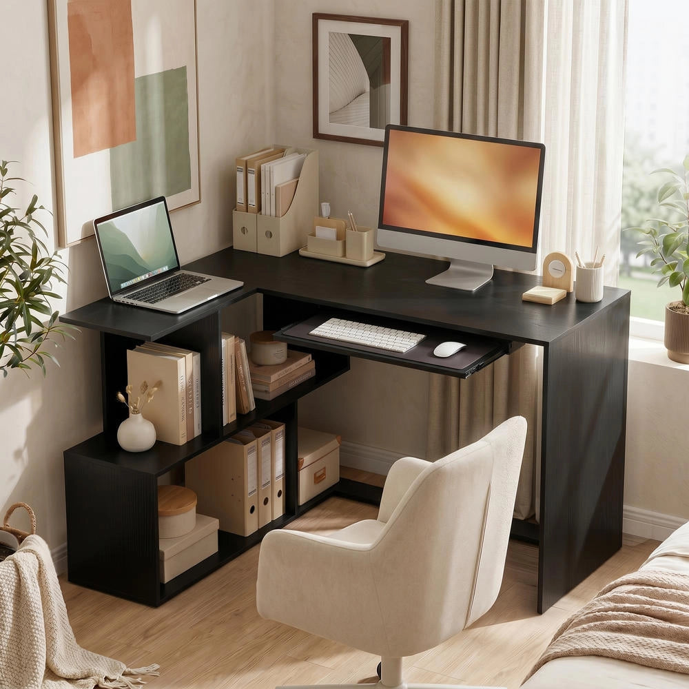 Scrivania Angolare per Computer a L con Ripiano Tastiera e 4 Scomparti Salvaspazio 120 x 100 x 76 cm Nero