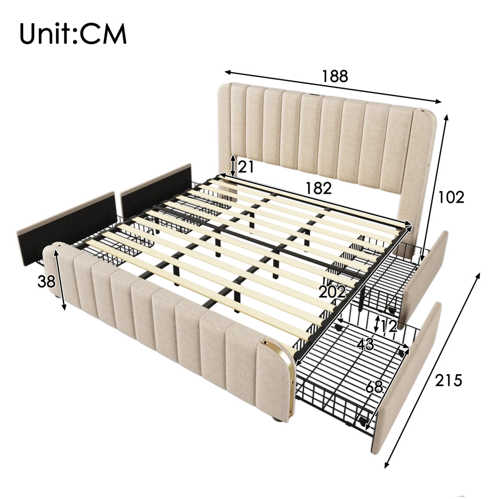 Letto matrimoniale con testiera imbottita USB e Type-C 180 × 200 cm in lino beige con quattro cassetti