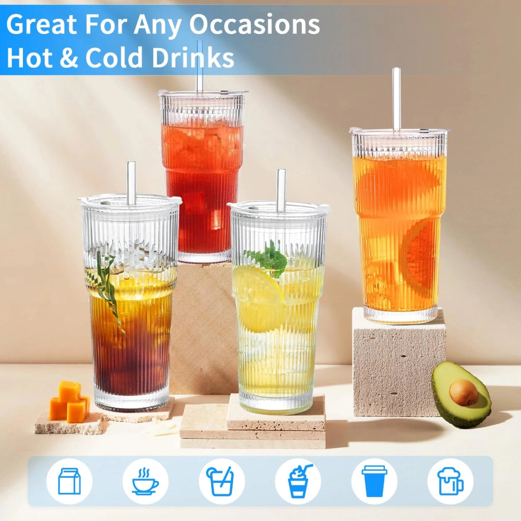 Set da 2 bicchieri da 600 ml con coperchio e cannuccia, con motivo a coste, trasparenti
