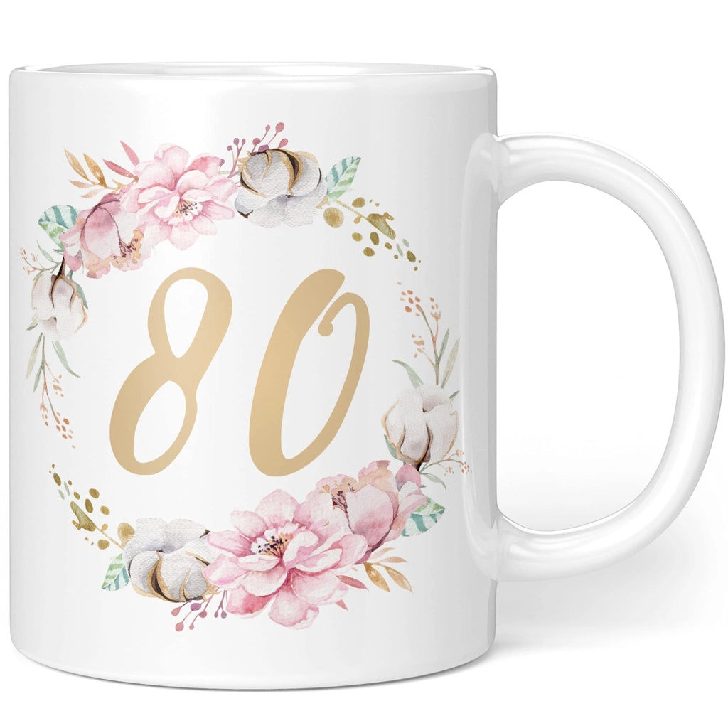 Tazza per il compleanno, 80 anni – Motivo floreale – Vetroceramica, 330 ml