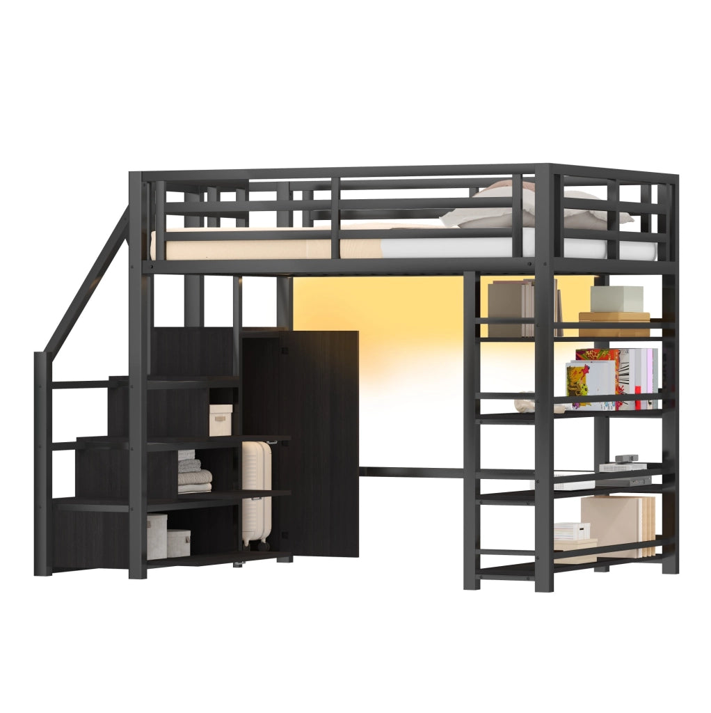 Letto a castello in metallo 140x200 con armadio integrato, ripiani, illuminazione LED e scala contenitore, nero