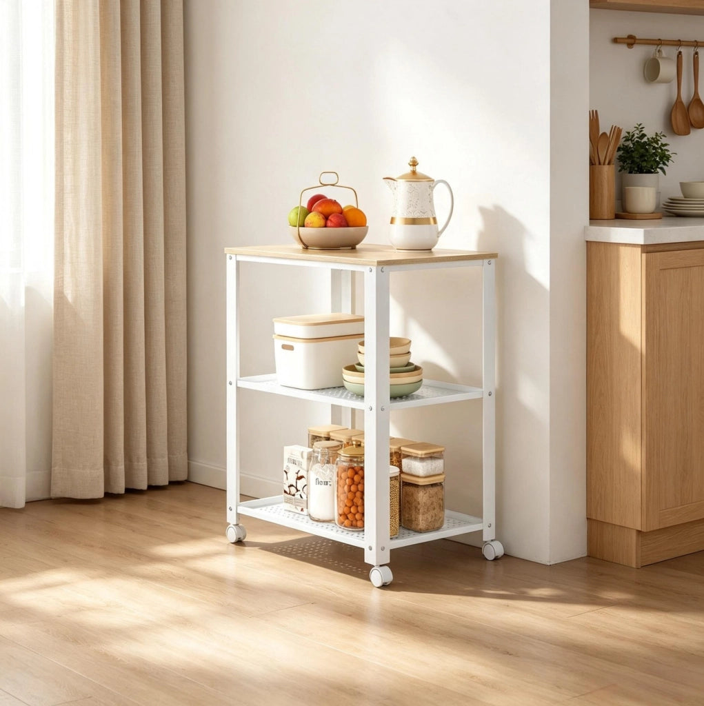 Carrello da cucina a 3 ripiani con ruote, bianco e rovere chiaro