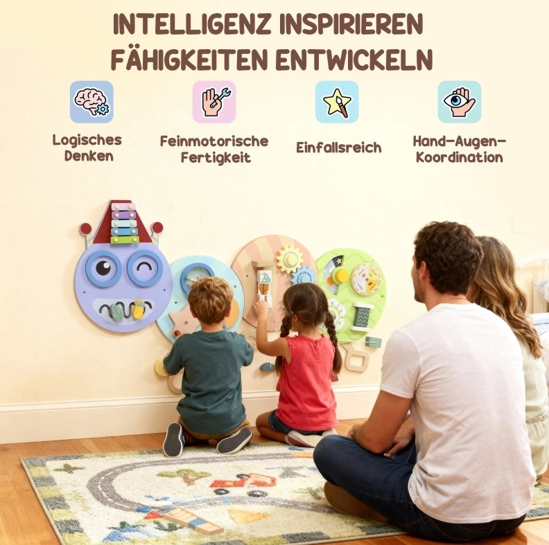 Pannello Montessori da parete 7 in 1 a forma di bruco, 108 cm