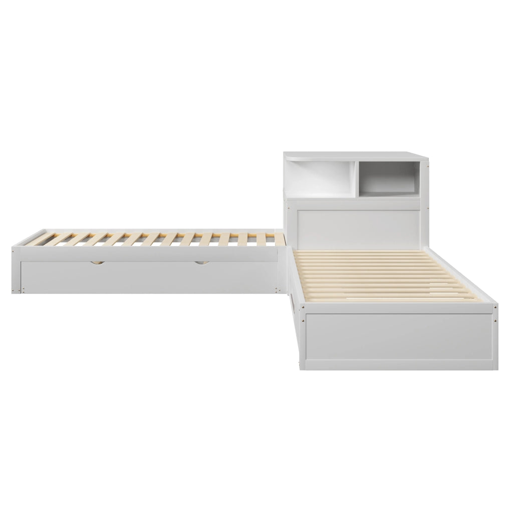 Letto singolo a piattaforma 90 × 200 cm con letto estraibile in MDF e legno bianco con luce LED e ante scorrevoli