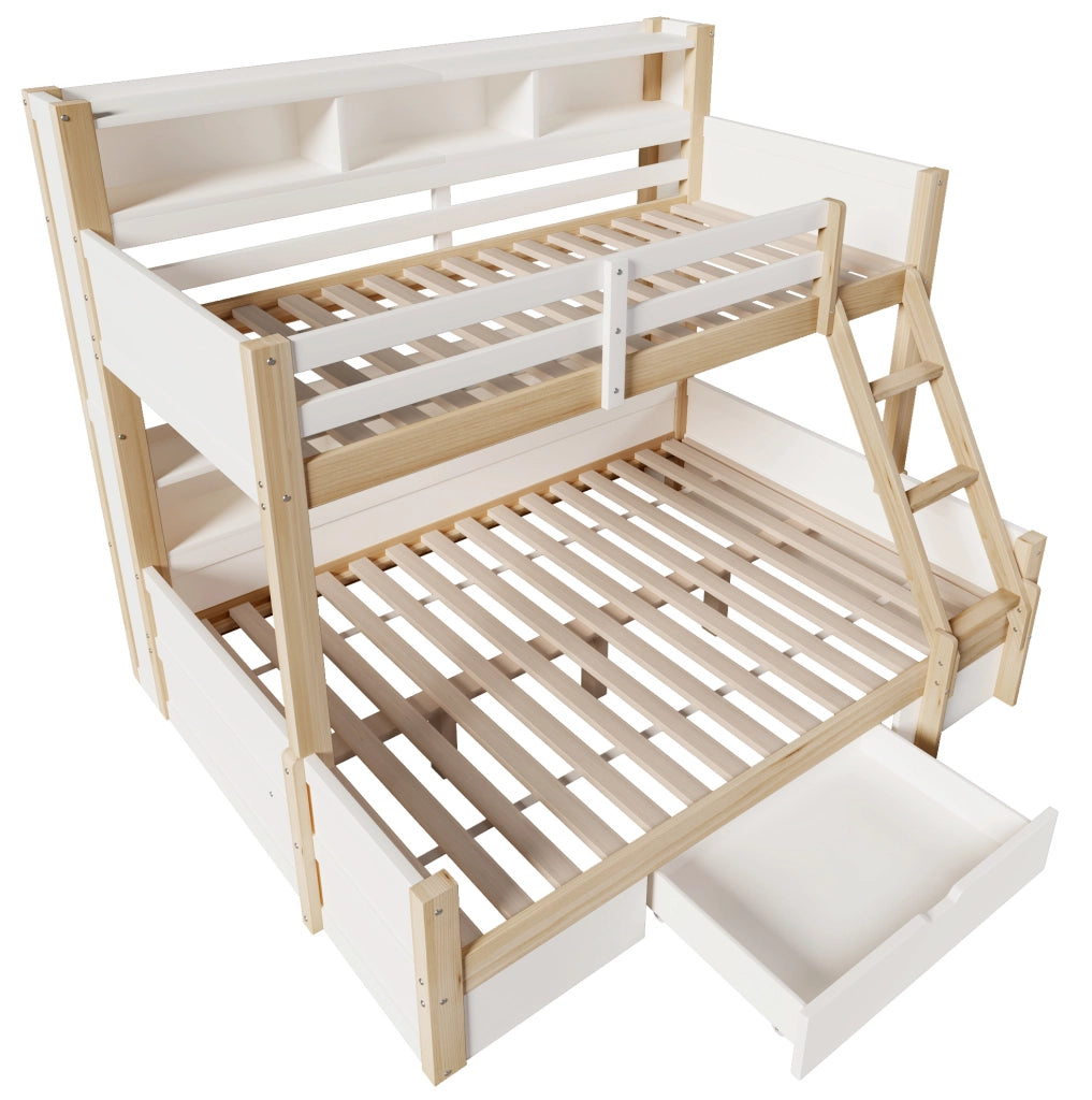 Letto a castello in legno massello 90x200 cm + 140x200 cm con scale, sponde, cassetto e luci LED, bianco e naturale, senza materasso