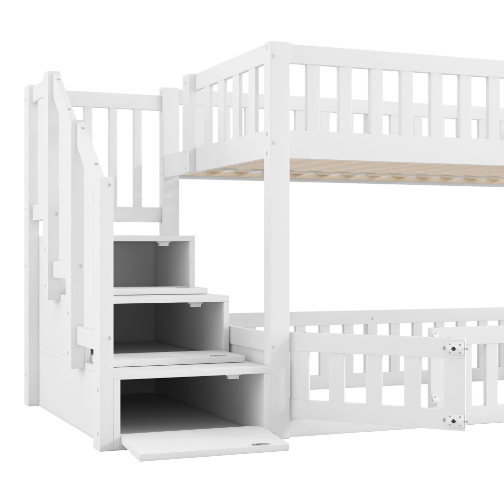 Letto a castello 90x200 cm in pino massello bianco con scala e spazio contenitivo