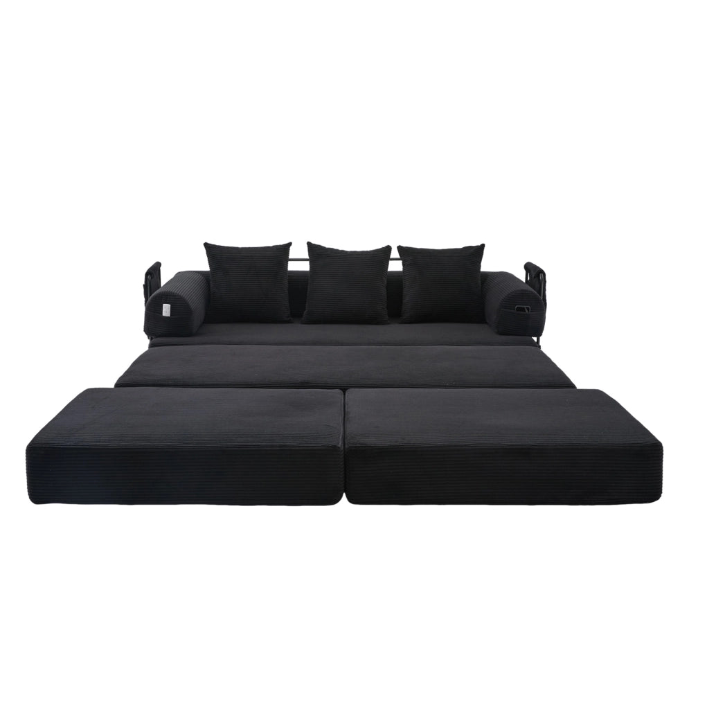 Divano modulare 200x190x67 cm con pouf e tasca laterale, rivestimento in velluto a coste nero