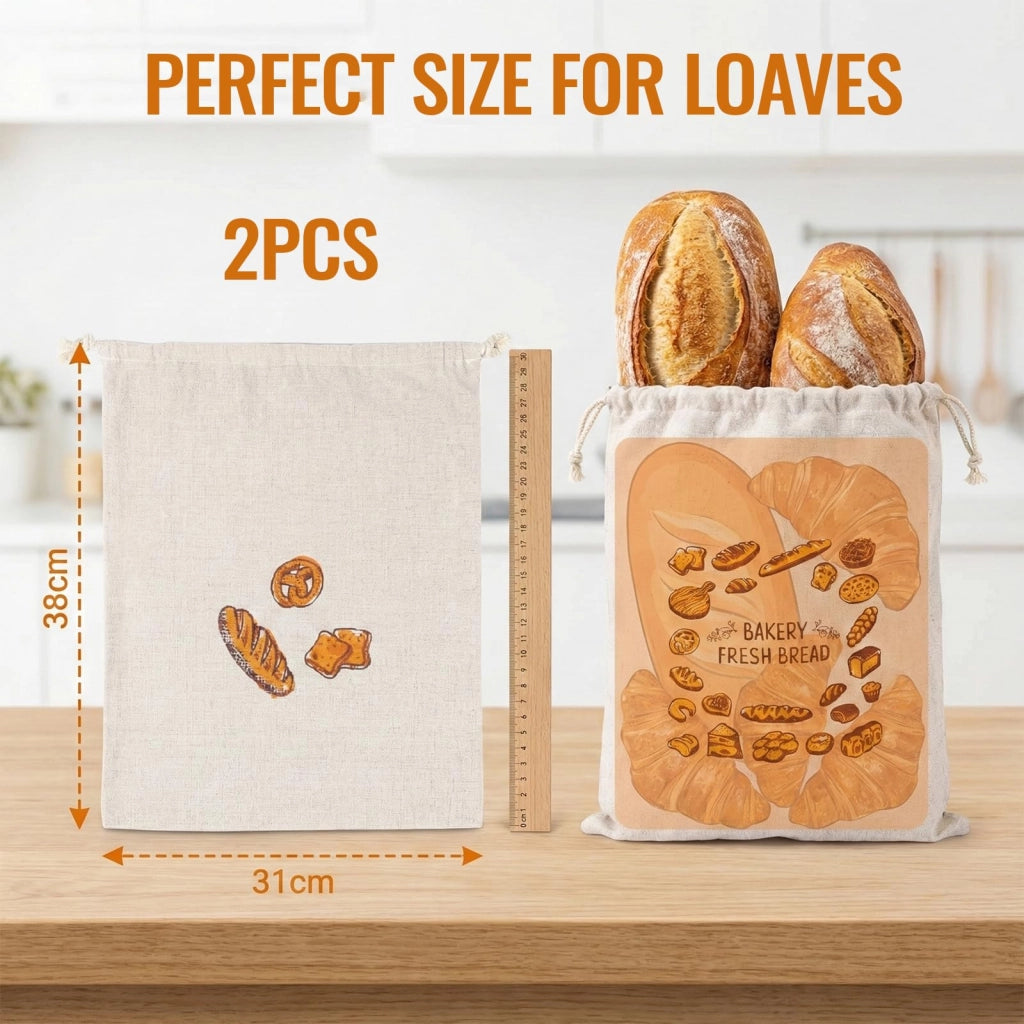 Due sacchetti per il pane in lino, dimensioni 30x38 cm, con coulisse