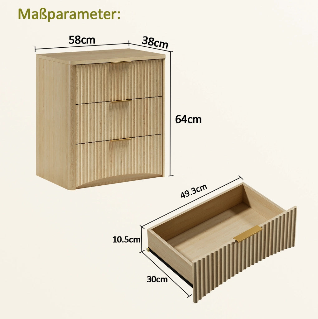 Comodino con 3 Cassetti e Guide Ammortizzate in Legno MDF 58 x 38 x 64 cm Colore Rovere per Camera da Letto