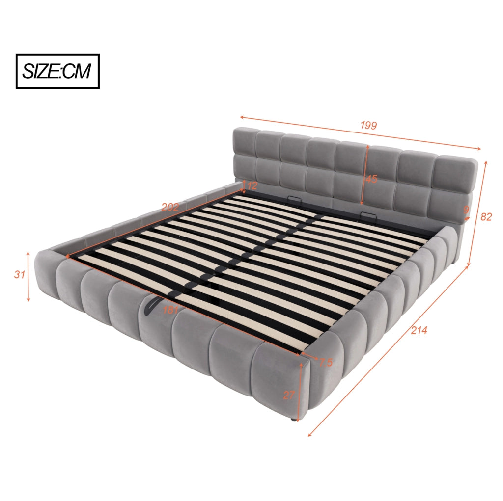 Letto imbottito 180x200 cm con illuminazione LED, contenitore idraulico e testiera in velluto grigio