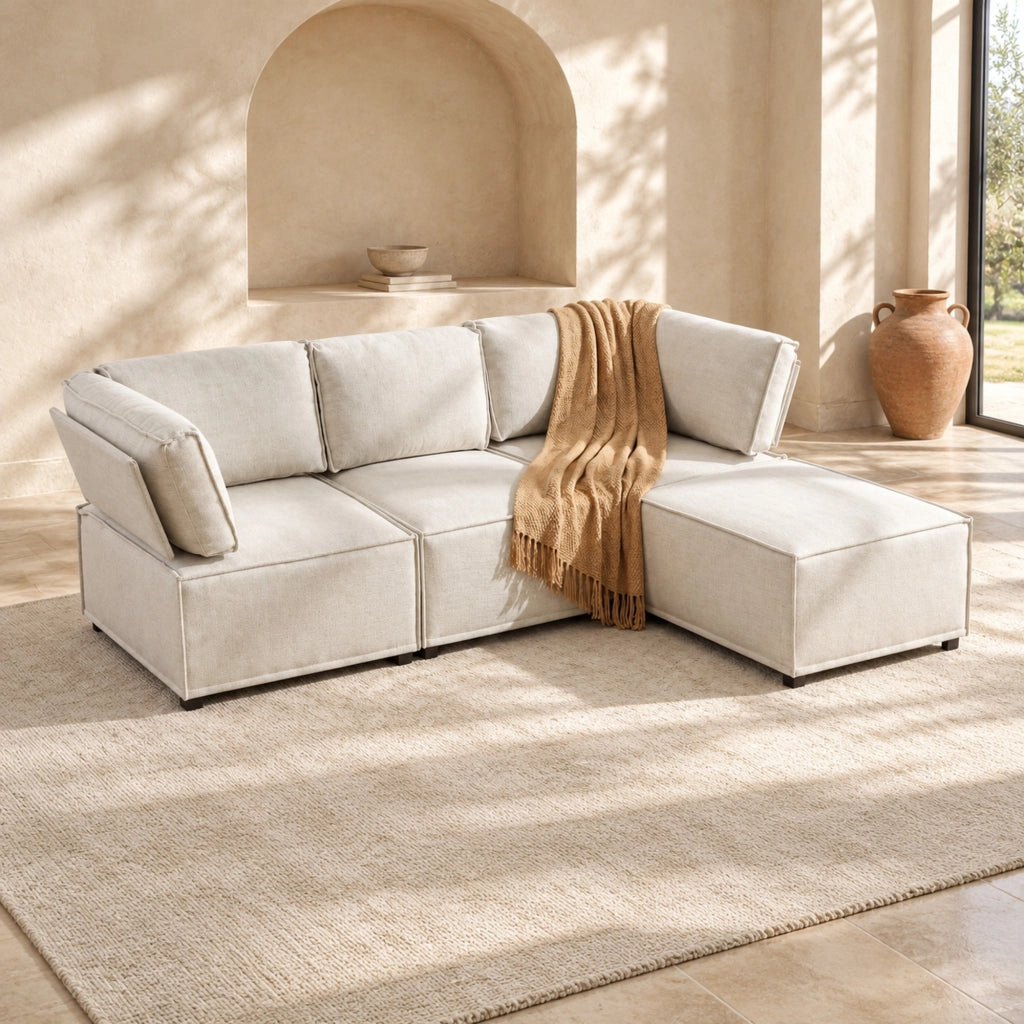 Divano modulare beige a U con poggiapiedi, 238 × 154 × 75 cm