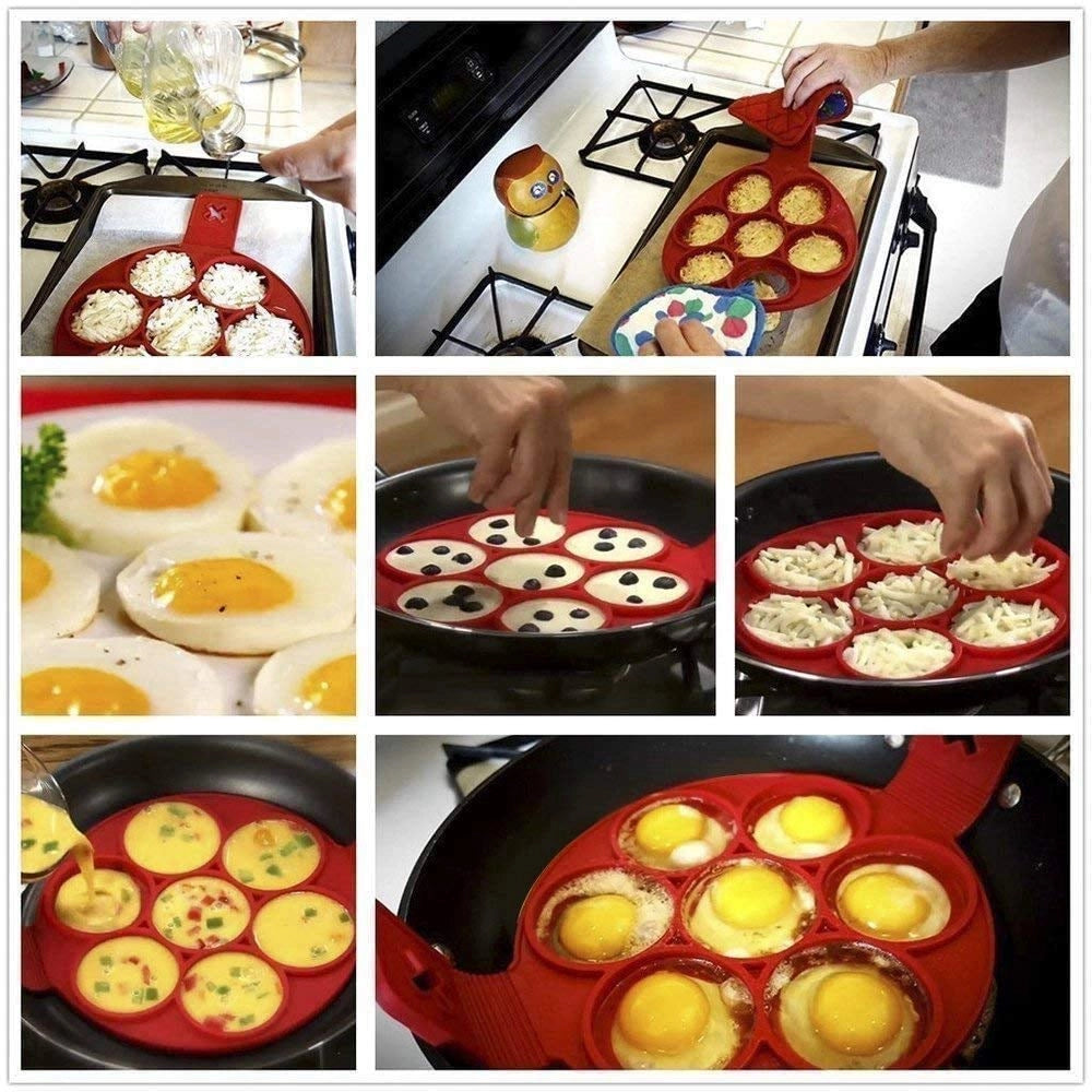 Stampo in silicone per pancake, 7 cavità, rotondo, rosso, antiaderente