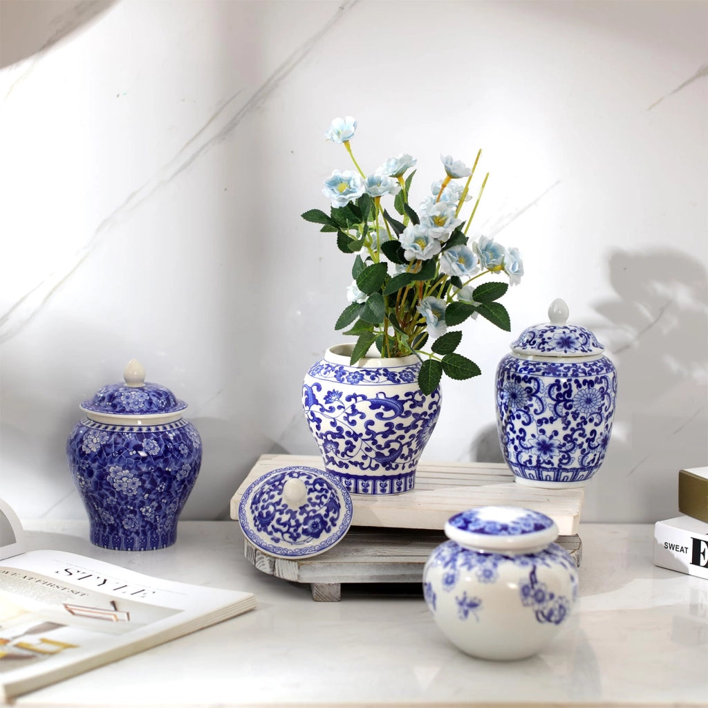Set di 4 vasi in porcellana, blu e bianco, stile cinese, design classico