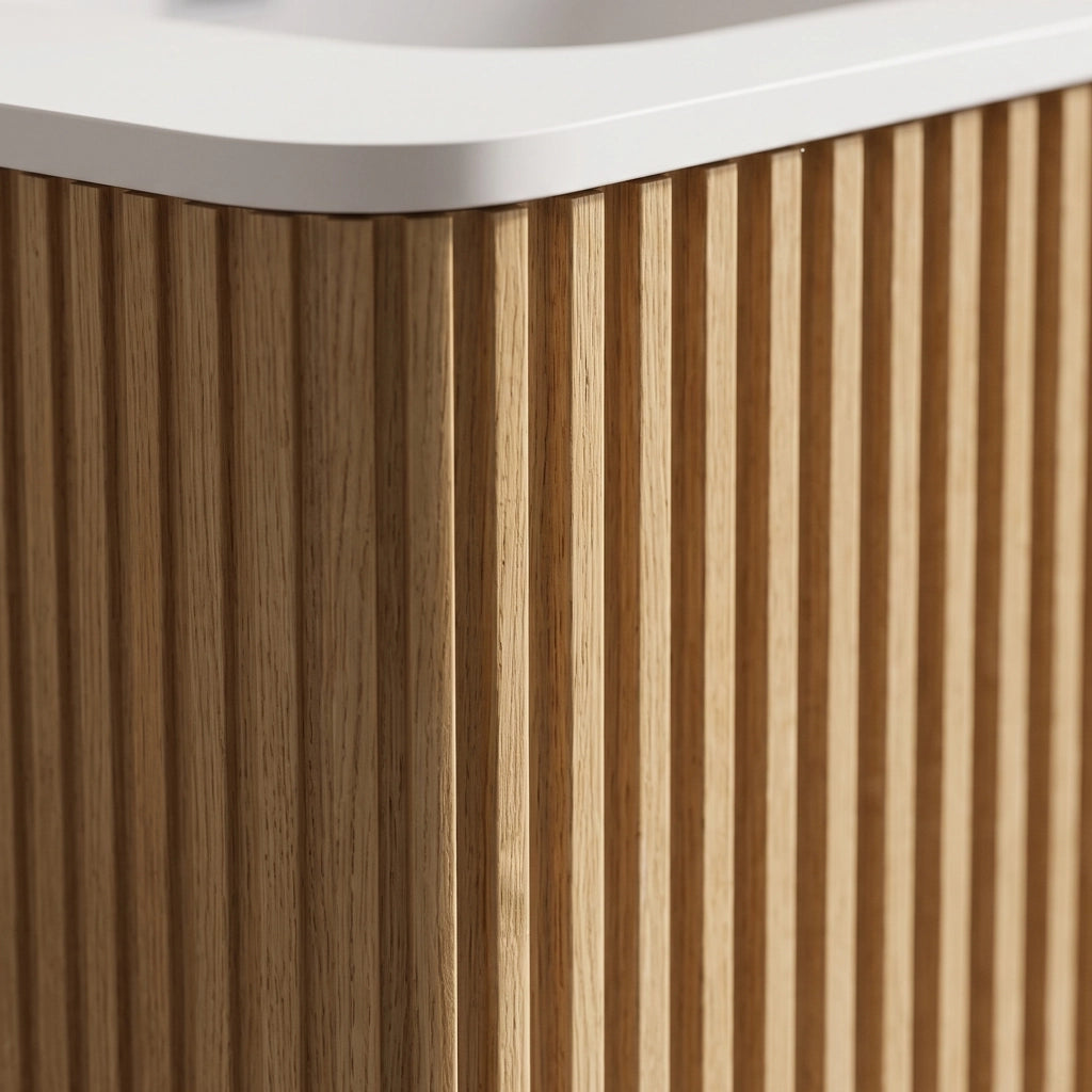 Mobile sottolavabo da bagno con lavabo 60 cm in MDF compensato e solid surface rovere con cassetti a pressione