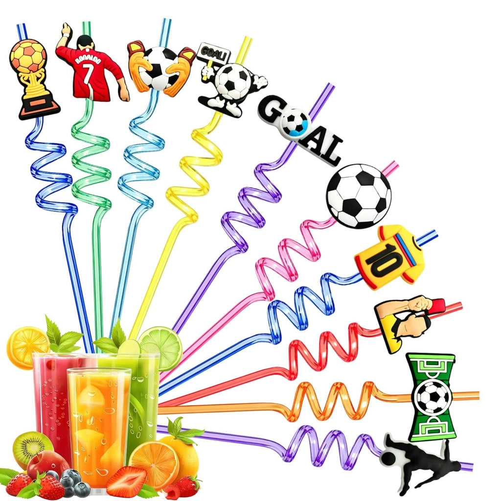 Cannucce per bevande a tema calcio, confezione da 8 pezzi, colorate, piegate, riutilizzabili, lunghezza 25 cm