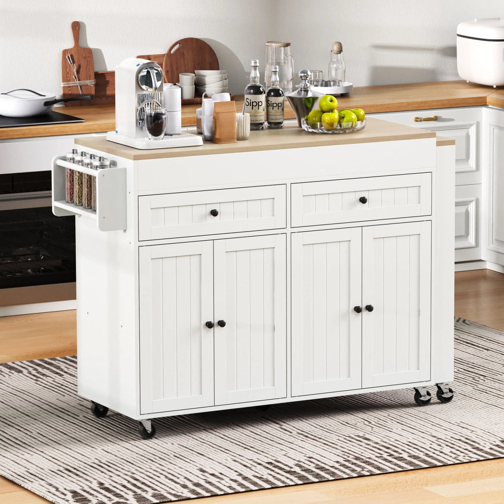 Isola cucina mobile con cassetti; piano di lavoro estraibile; bianca e legno naturale