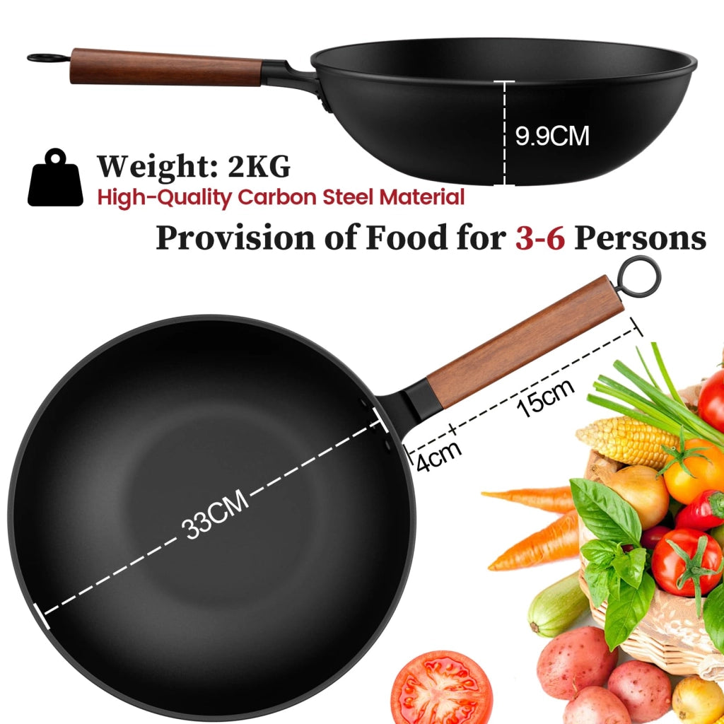 Wok Acciaio al carbonio da 33 cm, con coperchio in vetro, adatto per piani cottura a induzione