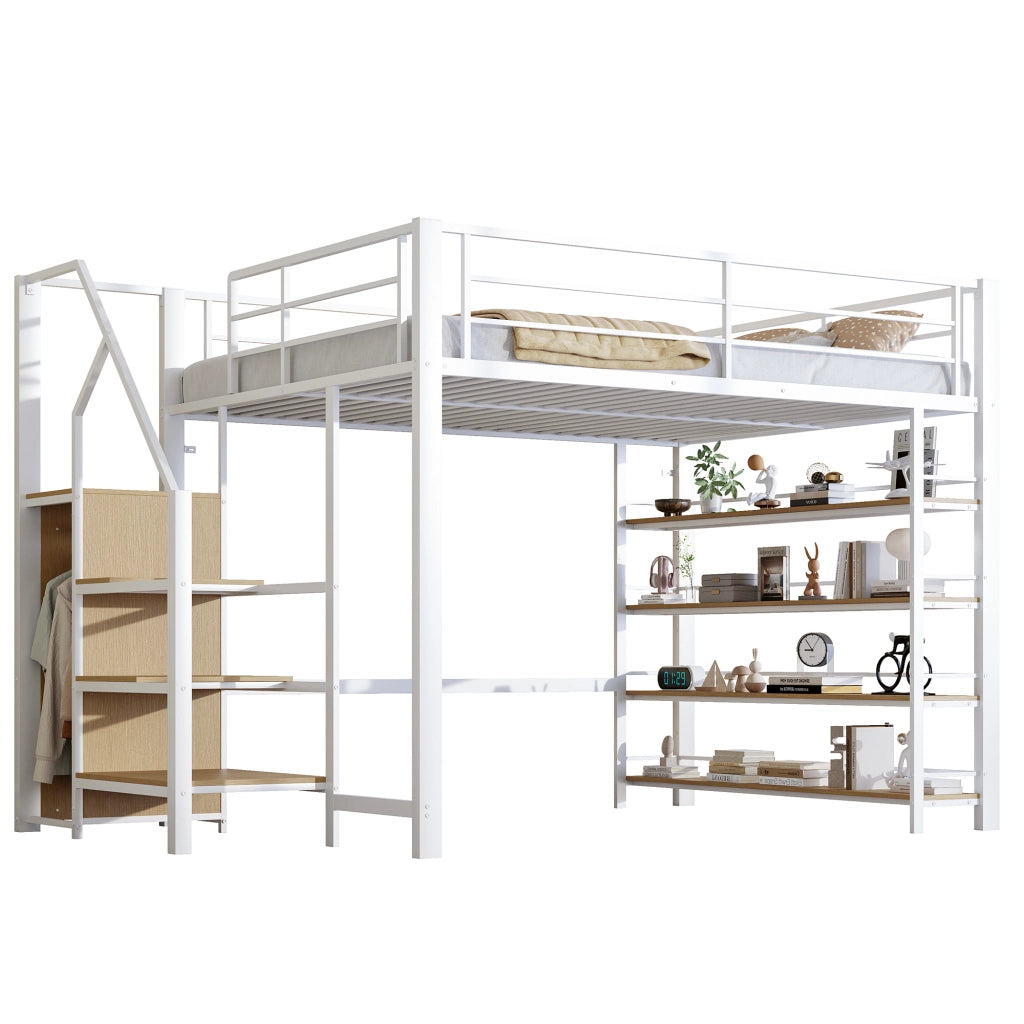 Letto a soppalco 140 × 200 cm con scala contenitore in MDF e metallo bianco armadio e ripiani per cameretta