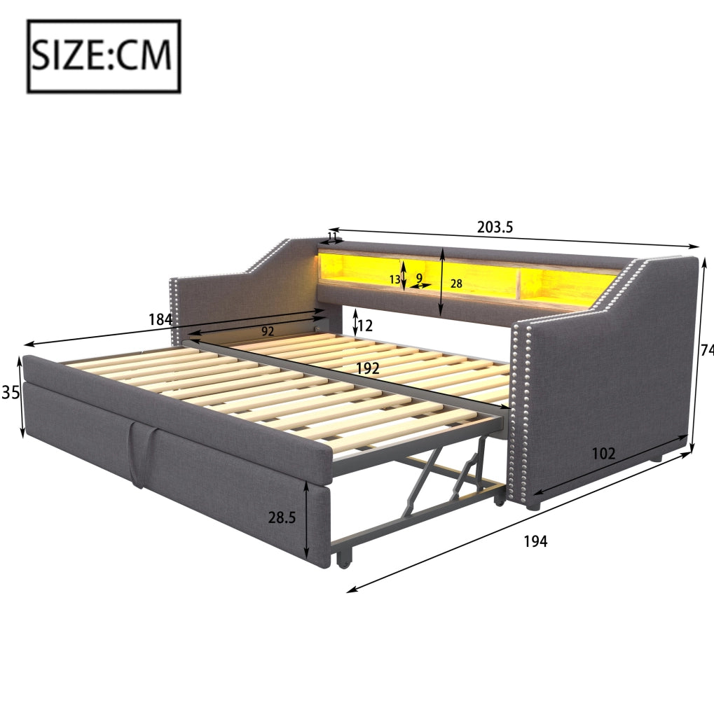 Divano Letto Salvaspazio con Contenitore, LED e Porta USB, 90/180 x 190 cm, Grigio Scuro, con Due Materassi a Molle