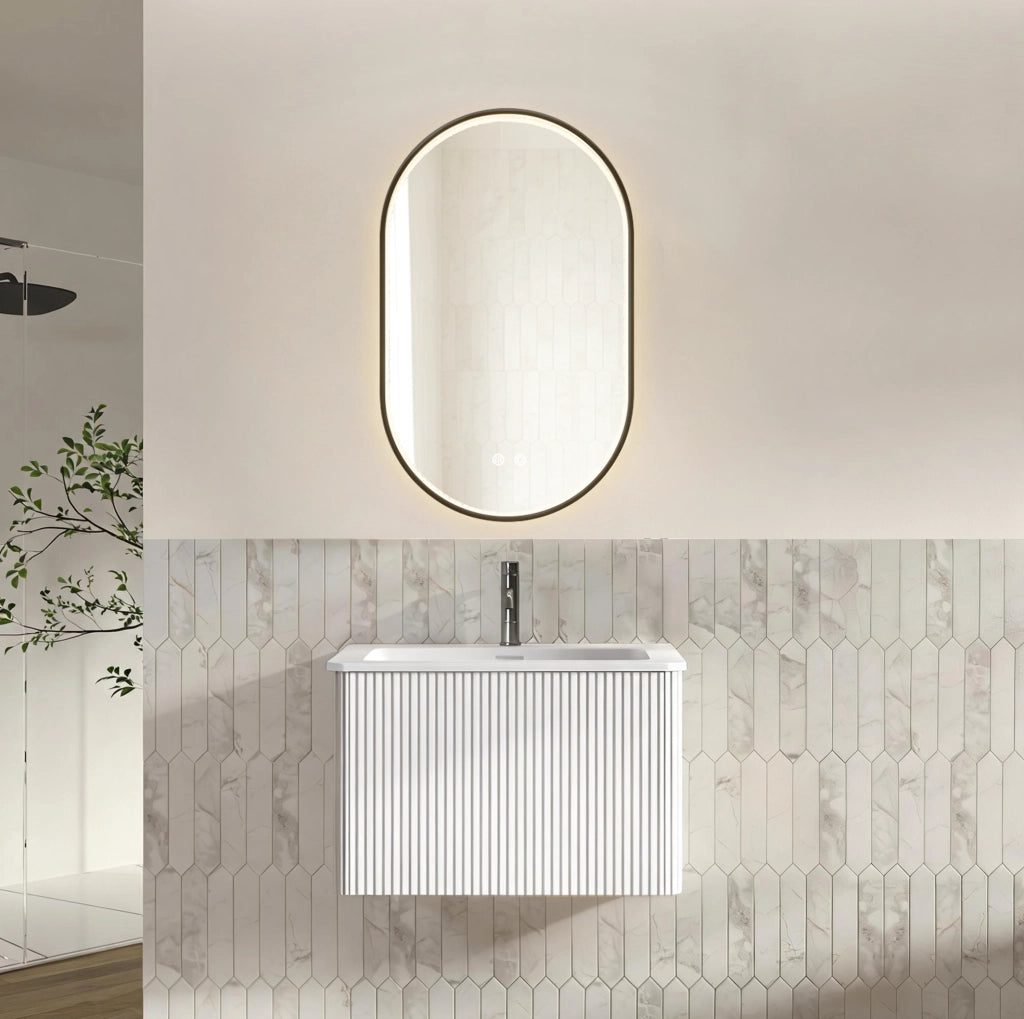 Mobile bagno sospeso bianco con lavabo integrato in pietra acrilica e specchio LED 50x80 cm regolabile