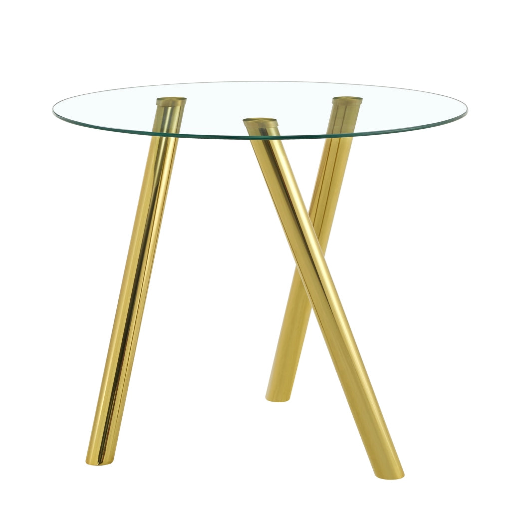 Tavolo da pranzo rotondo in vetro temperato con gambe in metallo color oro design per sala da pranzo