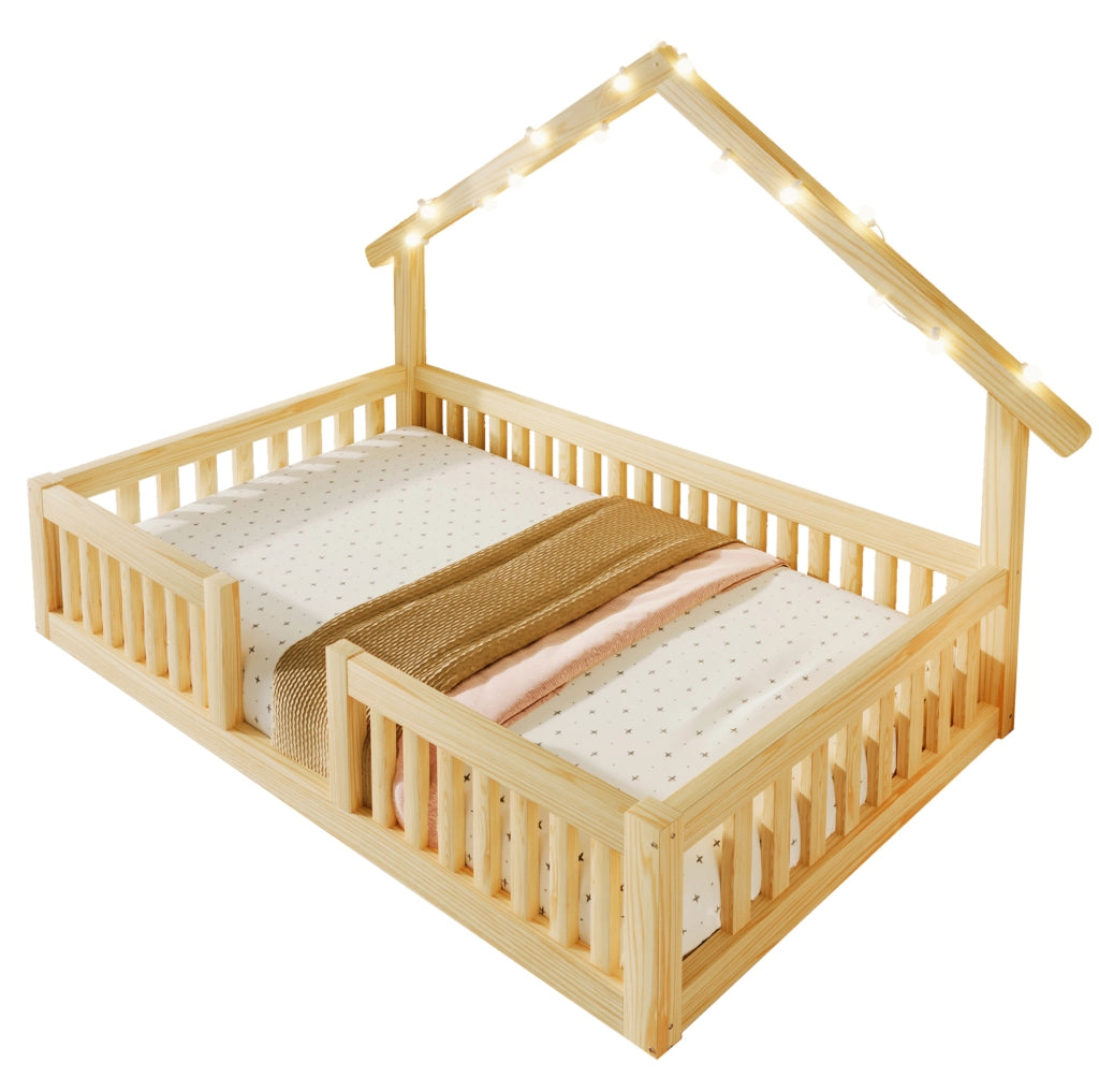 Letto a casetta per bambini 90x200 cm; con sponda di sicurezza e luci LED; in legno; naturale; senza materasso
