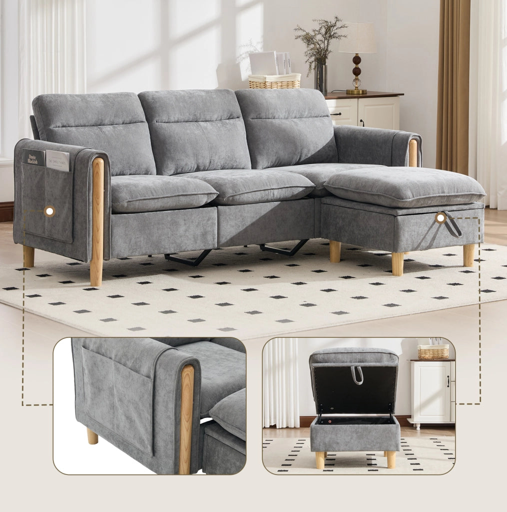 Divano 3 posti a L in ciniglia grigio chiaro con pouf contenitore