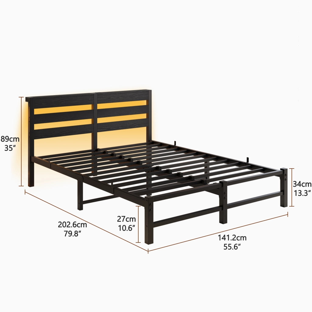 Letto matrimoniale 190×140 cm in metallo e legno nero con luci LED regolabili, 2 porte USB e ripiano, senza materasso