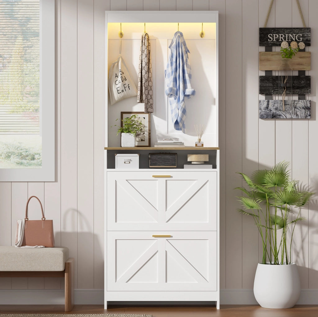 Scarpiera slim con LED, 2 vani a ribalta e ganci, bianco e naturale, 70 x 24 x 180 cm