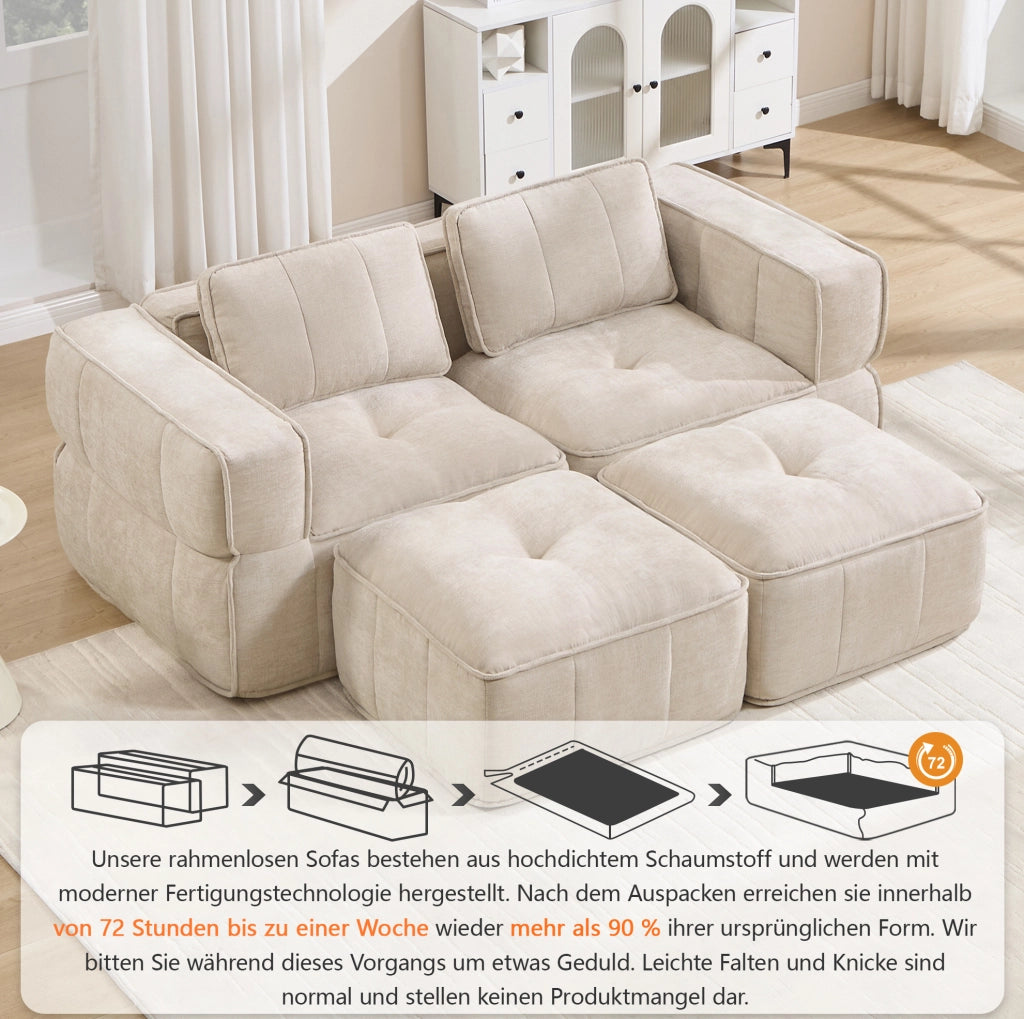 Divano modulare beige in poliestere con pouf