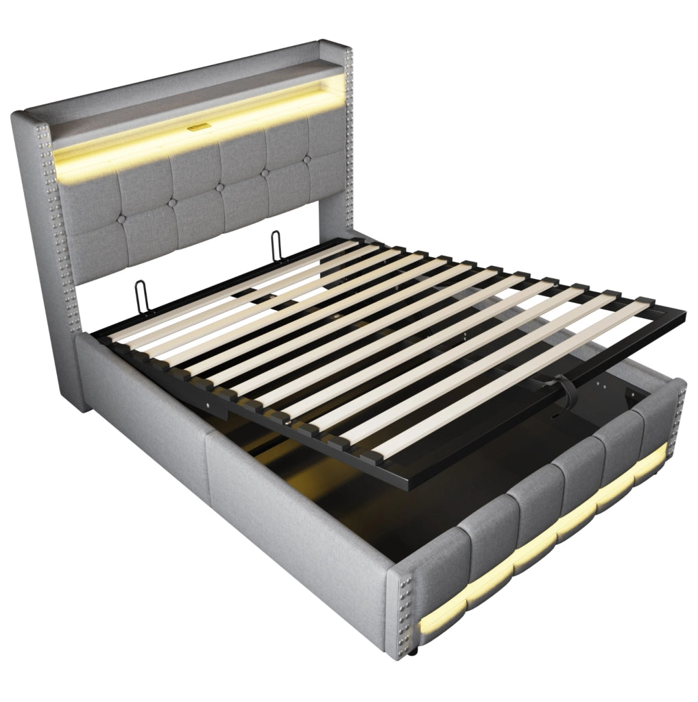 Letto imbottito 140 × 200 cm con contenitore idraulico; LED e presa USB; lino grigio chiaro