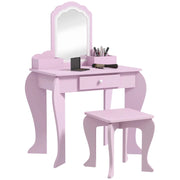Set Toeletta per Bambini con Specchio e Sgabello in Legno Tavolo da Trucco con Cassetto per Cameretta Rosa